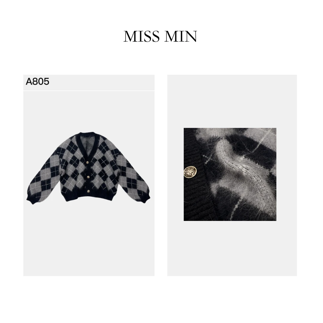 MISS MIN A805 高品质V领菱格拼色针织开衫2024冬季新洋毛短款