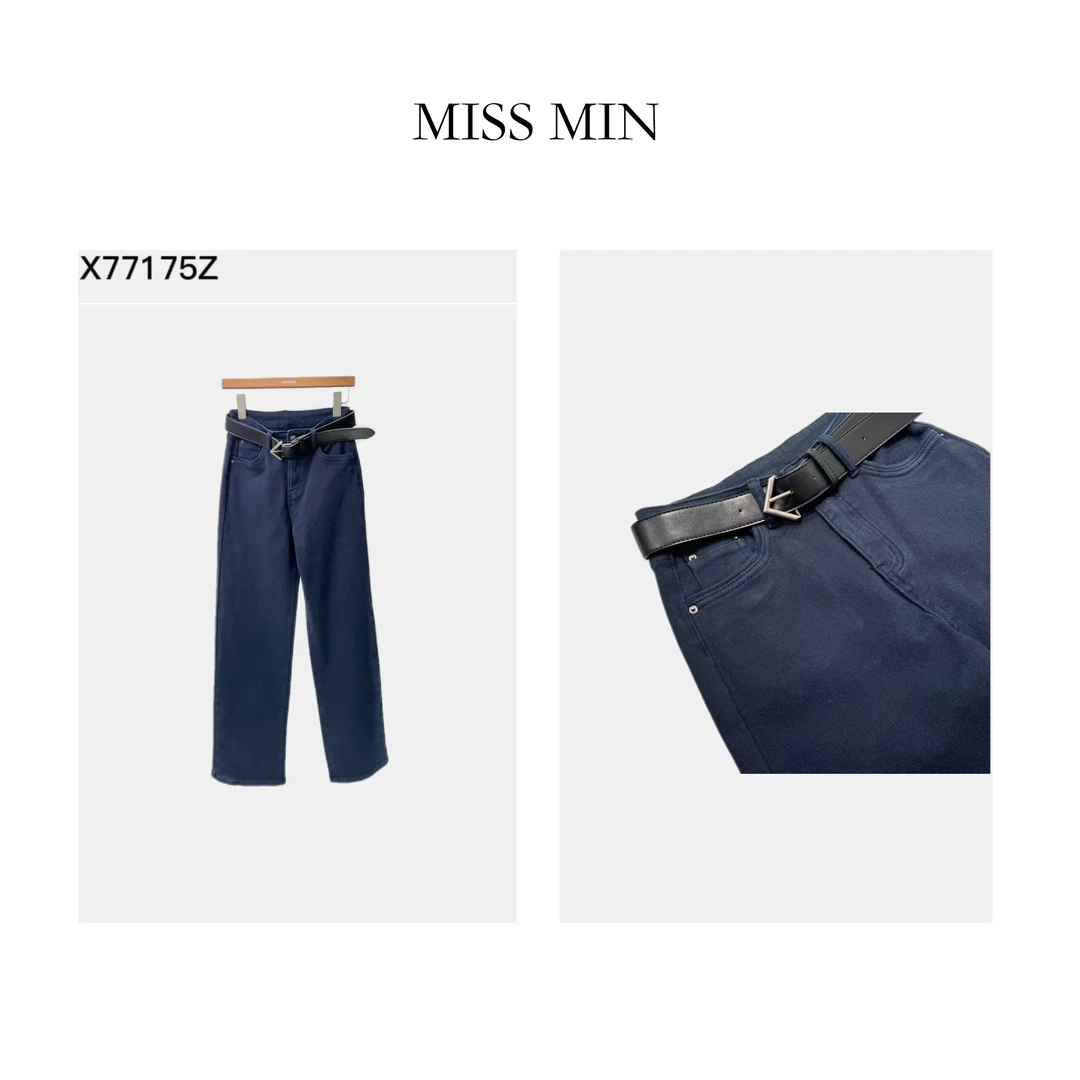 MISS MIN  X77175Z 冬裤子冬季加厚高腰百搭宽松直筒休闲牛仔裤