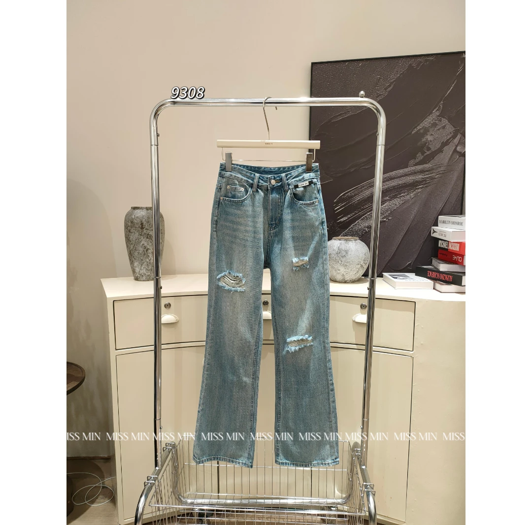MISS MIN  9308  破洞复古牛仔阔腿裤女显瘦春款垂坠感高腰拖地裤