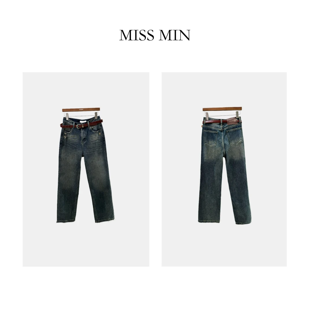 MISS MIN  6105 复古磨破新款牛仔直筒裤+安可拉红气质复古腰带