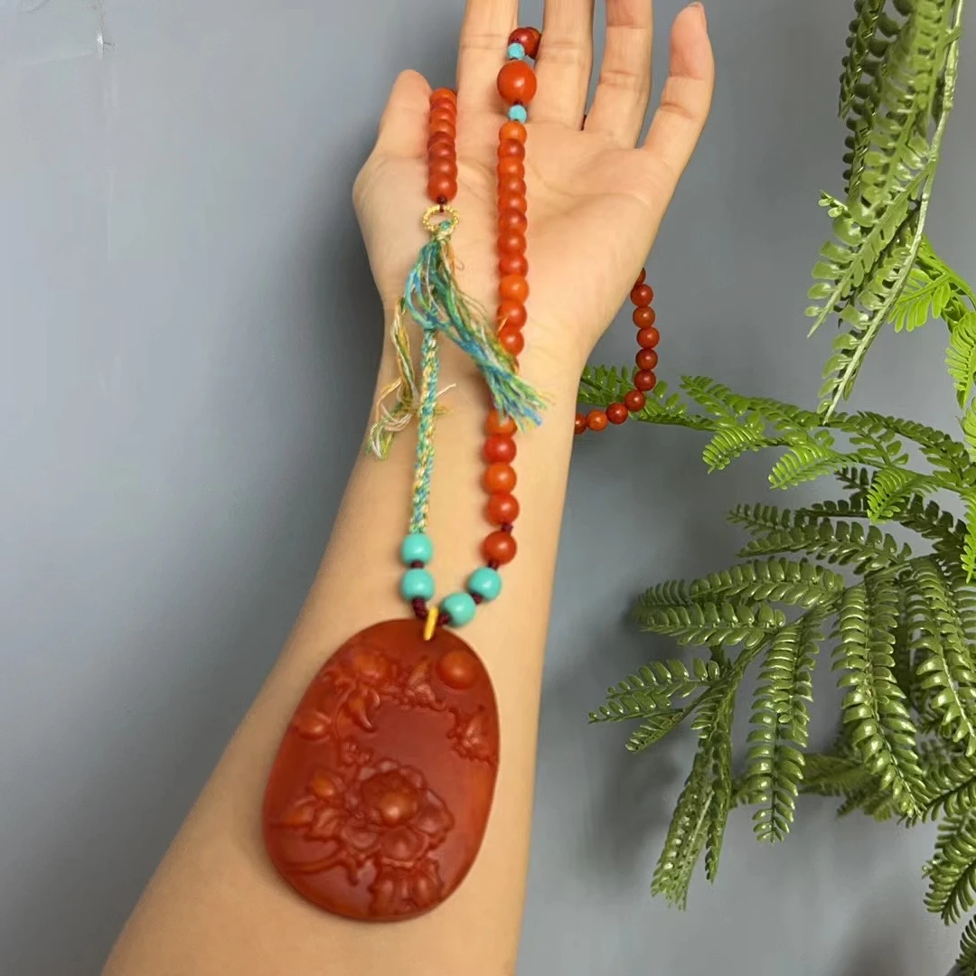 d2红油蜜蜡花开富贵项链