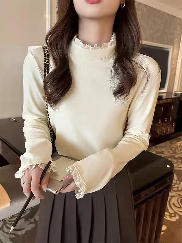 朱姐家秋冬新款双面.澳绒打底衫半高领蕾丝花边长袖