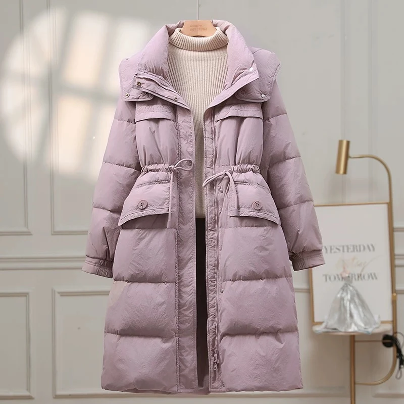 新国标大朵白鸭绒韩版过膝长款加厚羽绒服女2024冬装新款收腰外套