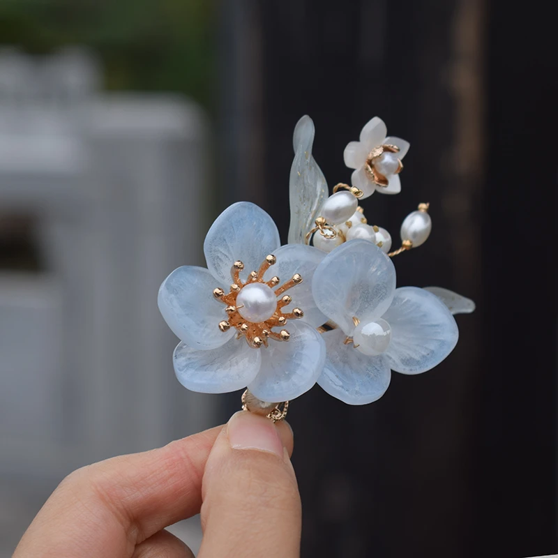 帝慕卿超仙古风蓝色雪莲发夹头饰雅韵琉璃发夹新年气质发夹