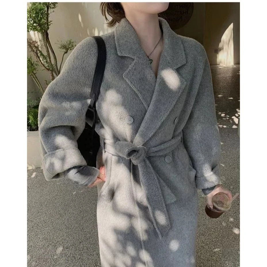 高定经典欲望都市系列驼绒双面羊毛大衣奶茶灰秋冬长款慵懒风韩版