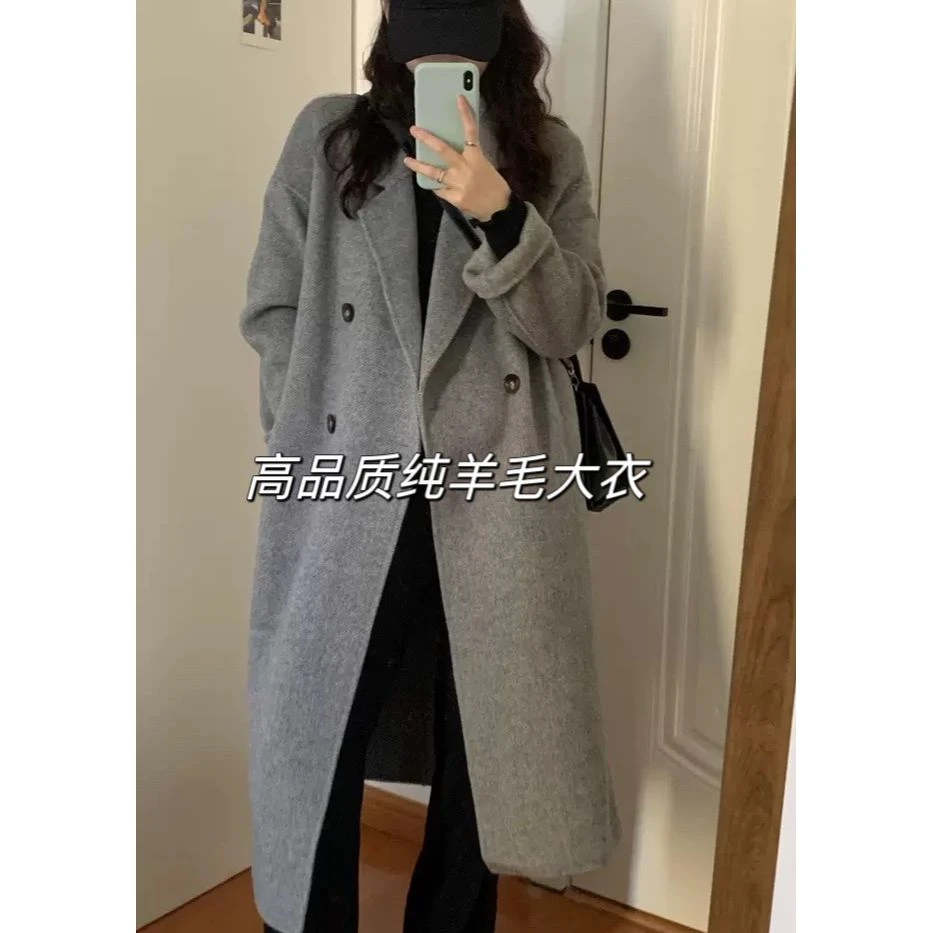 2024秋冬新款灰色长款慵懒时尚双面羊绒大衣女反季手工羊毛外套