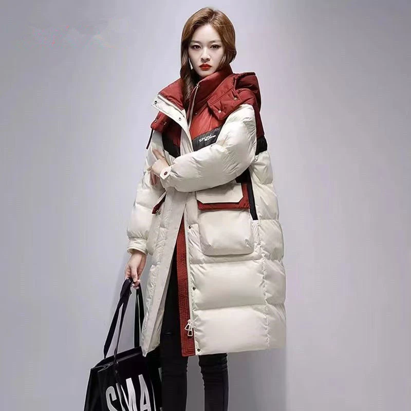 雅鹿羽绒服2024新款冬季羽绒服女加厚中长款韩版撞色保暖连帽休闲