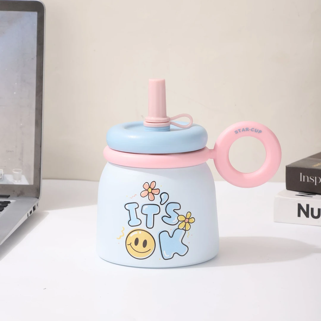 【晶晶乱炸拼手速】笑脸花朵办公大肚保温杯不锈钢吸管水杯874