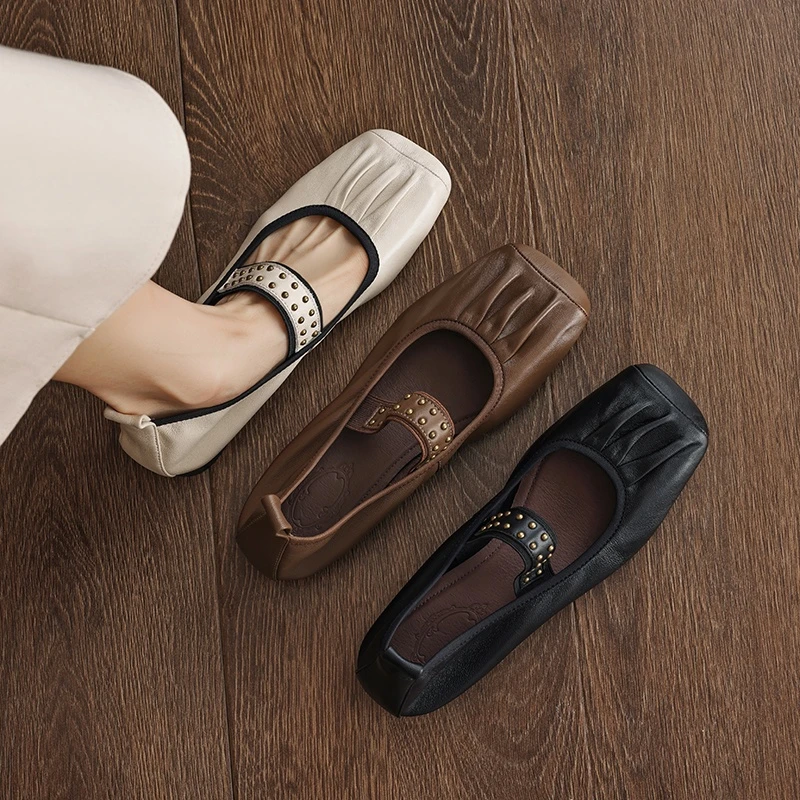 头层羊皮~超软~1.5cm法式褶皱芭蕾舞平底鞋一字带百搭浅口单鞋女