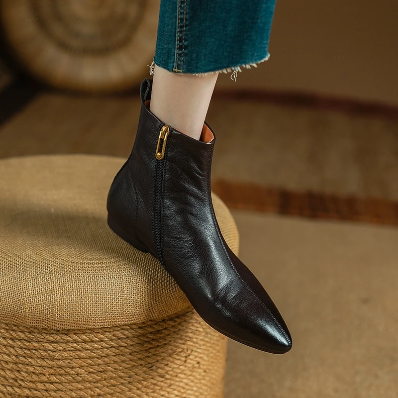 手工定制~头层羊皮~软底软面法式复古平底靴女瘦瘦靴显瘦尖头短靴