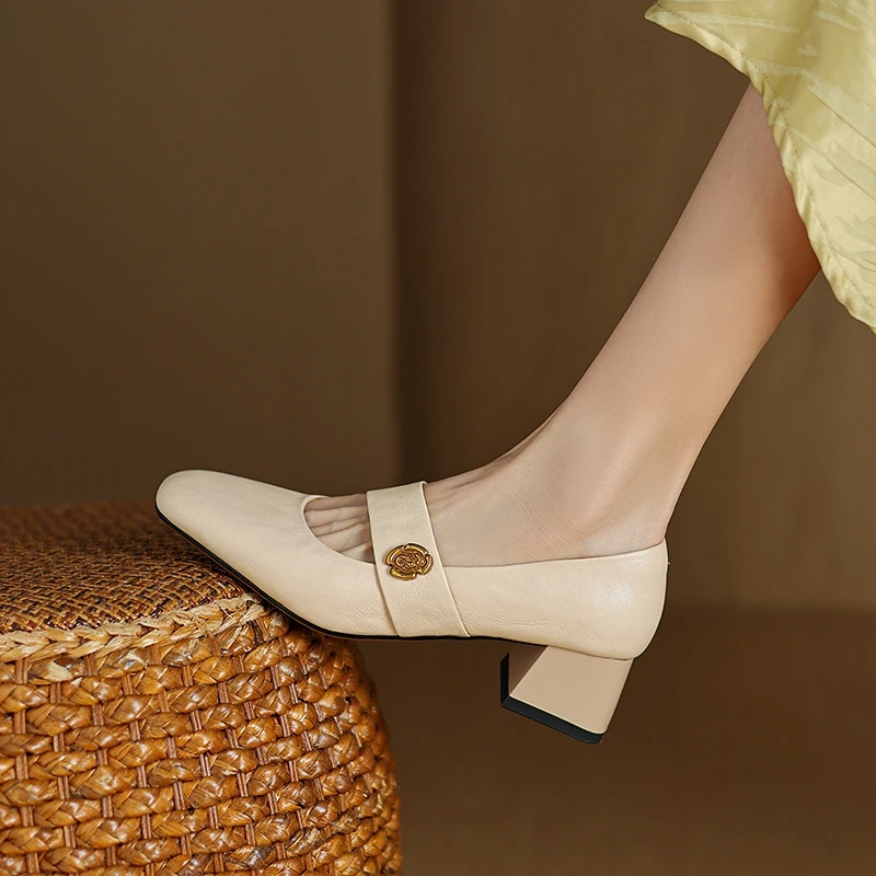 头层羊皮~法式小香风真皮粗跟单鞋方头复古温柔浅口玛丽珍高跟鞋