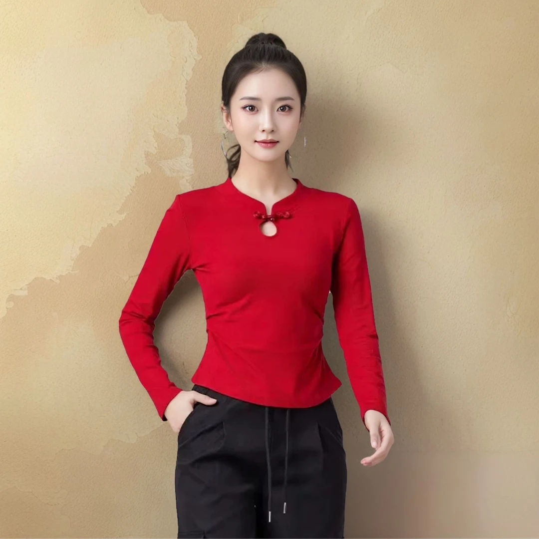 2412秋新款复古水滴立领长袖T恤运动上衣