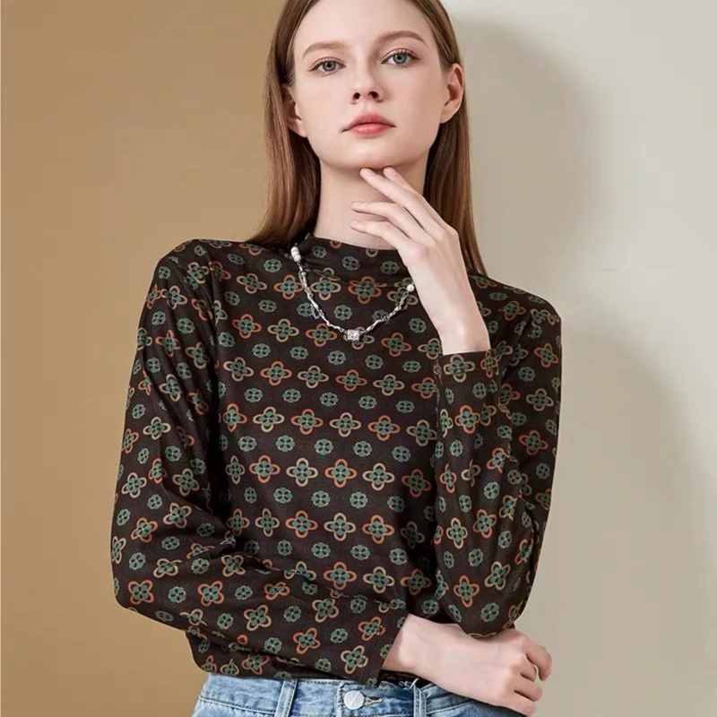 新款洋气半高领印花打底衫显瘦百搭【时尚·四叶草】