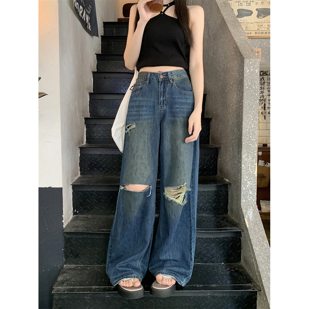 复古水洗破洞裤子女装夏季高腰阔腿裤宽松蓝色直筒裤百搭拖地裤