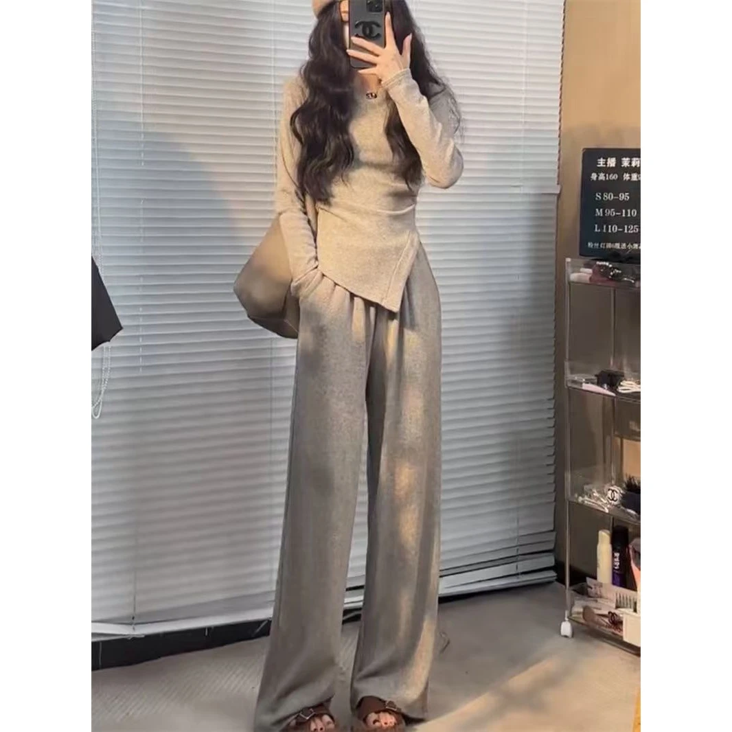 秋季新款休闲时尚女修身显瘦不规则长袖恤高腰垂感阔腿裤两件套