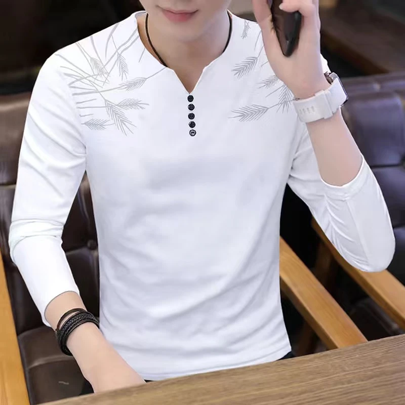 秋冬男士长袖t恤v领打底衫百搭休闲男装上衣服印花体恤纯棉秋衣