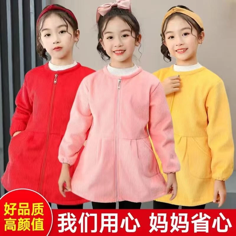 儿童灯芯绒罩衣加绒保暖防脏护衣女童外穿洋气中大童冬季防脏罩衣