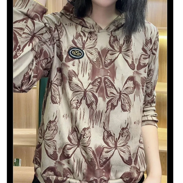 咖色蝴蝶印花连帽卫衣女秋季新款宽松长袖上衣设计感休闲卫衣女