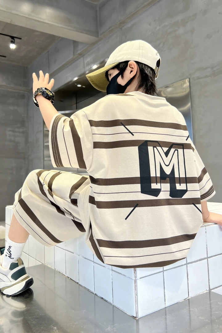 男童套装韩版夏季条纹中大童儿童潮流宽松洋气炸街条纹两件套