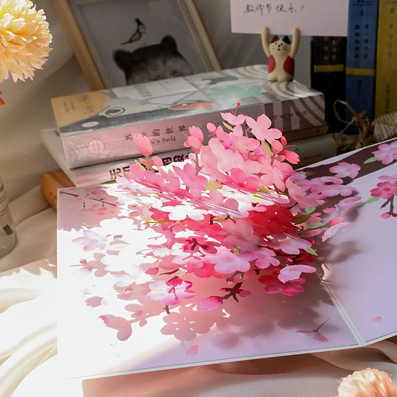ins风教师节贺卡 桃花朵朵新款祝福礼物3d纸雕立体手工卡片送老师