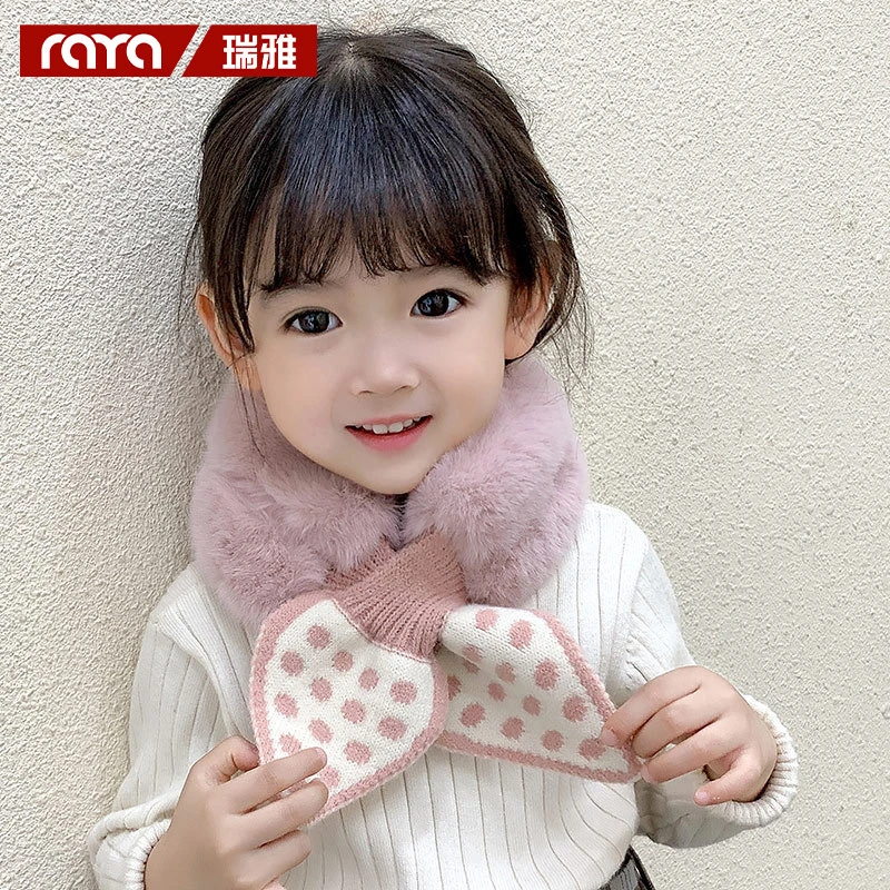 韩版波点仿兔毛儿童围巾女冬季加厚毛绒围脖宝宝小孩交叉脖套