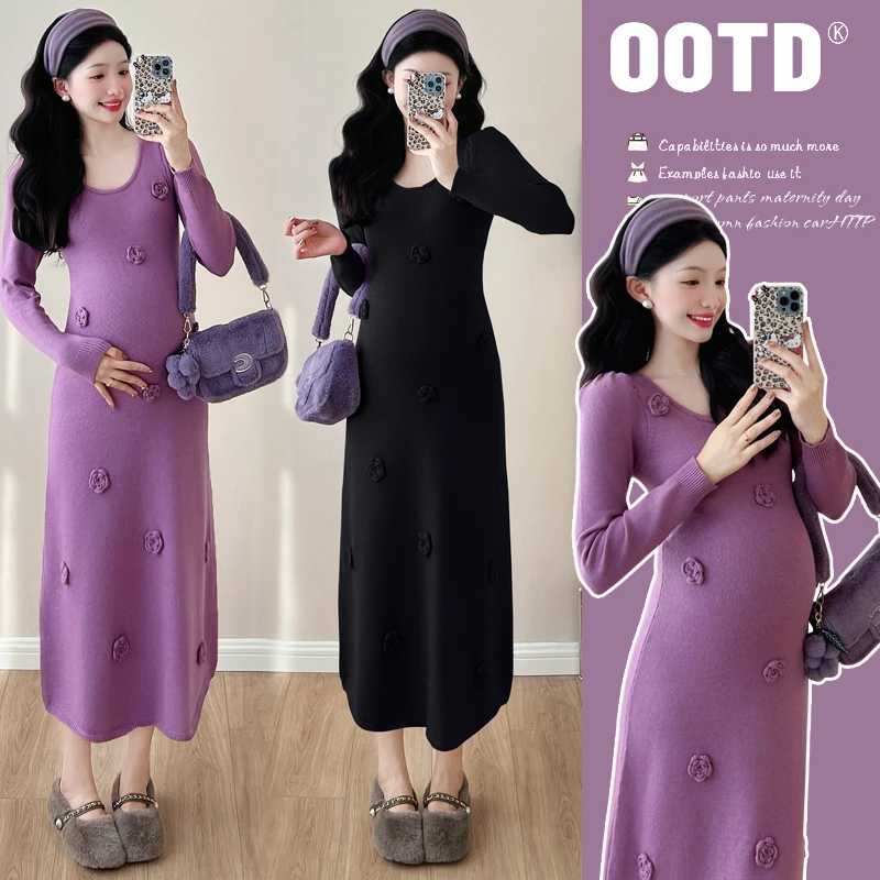 大码胖MM紫色裙子秋冬新款立体花朵显瘦时尚百搭气质潮妈连衣裙