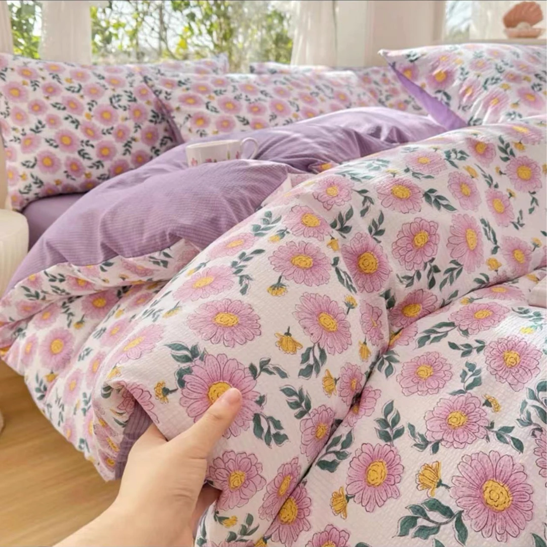 【新疆包邮】ins加绒三件套韩版提花泡芙棉花边家用宿舍款田园风款