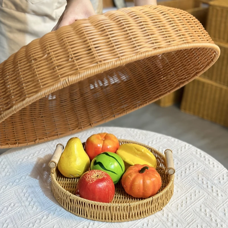 CG01茶色圆形盖菜罩仿藤复古纯手工菜罩防尘罩防蝇防虫罩52*12-15