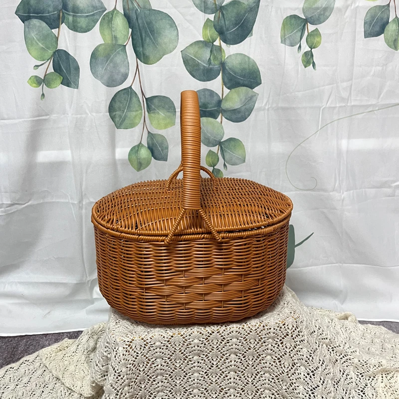 YC18大号户外椭圆形仿藤编野餐手提篮 田园风时尚纯手工编收纳篮