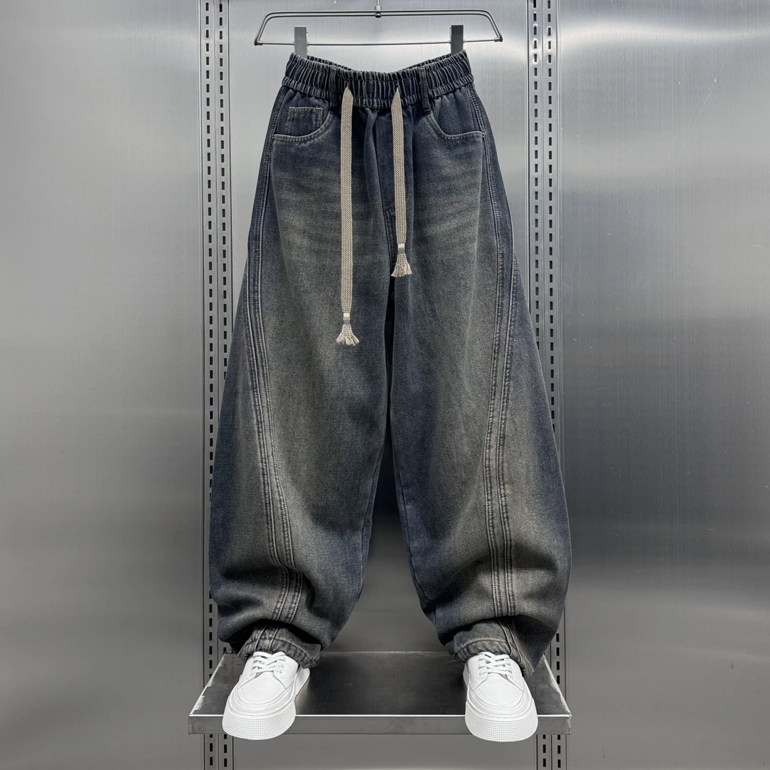 潮牌日系复古做旧加绒牛仔裤男士2025秋冬宽松大码阔腿休闲老爹裤