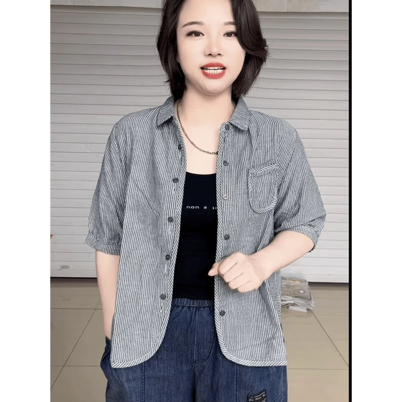 2024夏季新款条纹POLO领衬衫女短袖宽松百搭休闲衬衣时尚洋气上衣