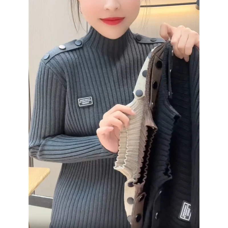 打底衫女2023秋冬新款通勤风纯色洋气减龄百搭半高领贴标针织毛衣