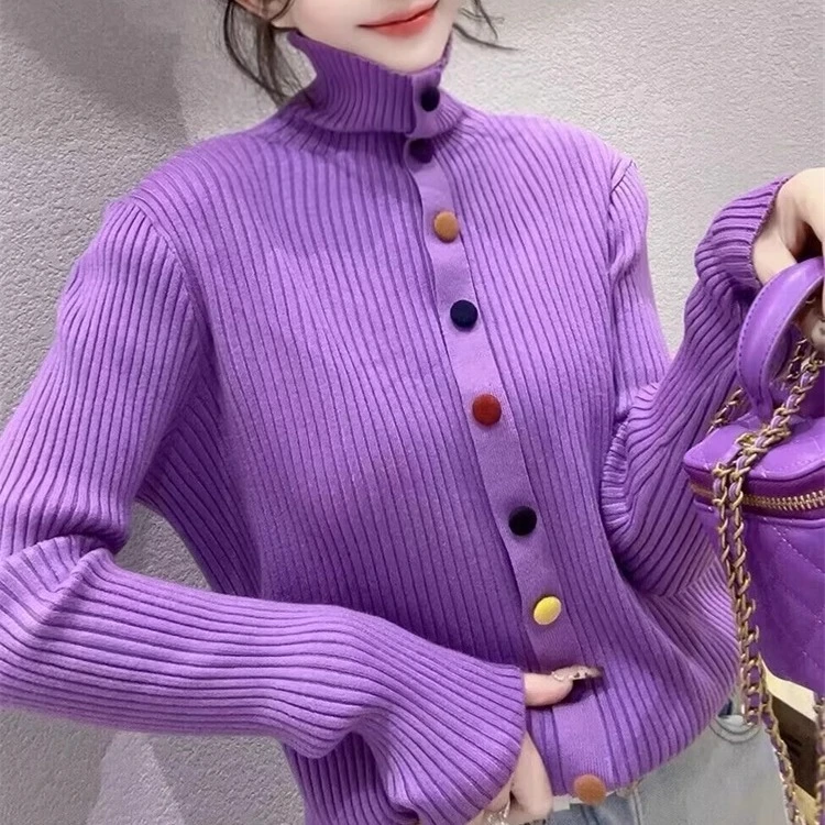 高领长袖彩扣针织衫女秋冬新款时尚小香风糖豆扣毛衣打底衫上衣潮