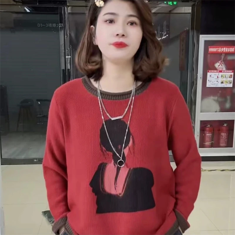 冬季新款圆领针织衫印花棉线针织长袖毛衣宽松显瘦洋气百搭上衣