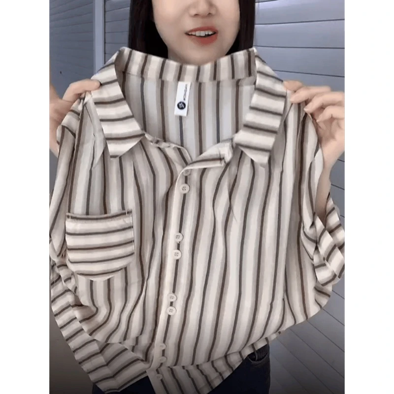 POLO领2024夏季新款时尚百搭条纹衬衫女五分袖宽松显瘦气质上衣潮