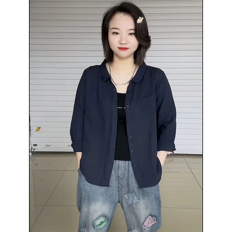 2024宽松polo领夏季时尚直播爆款衬衫女小个子长袖休闲风纯色上衣