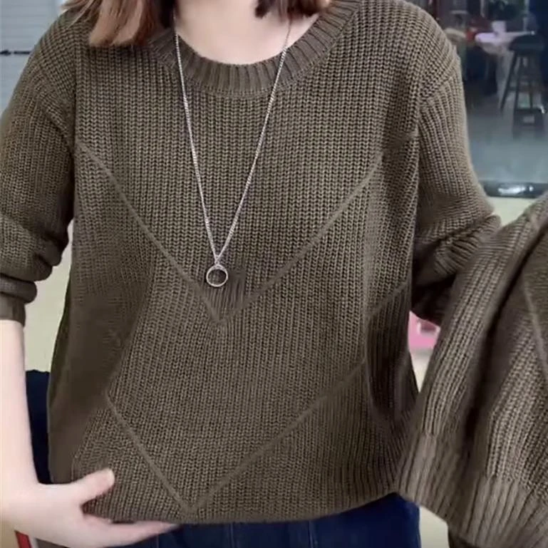 秋冬装高级慵懒风圆领女士毛衣纯色纹理长袖打底宽松休闲洋气上衣