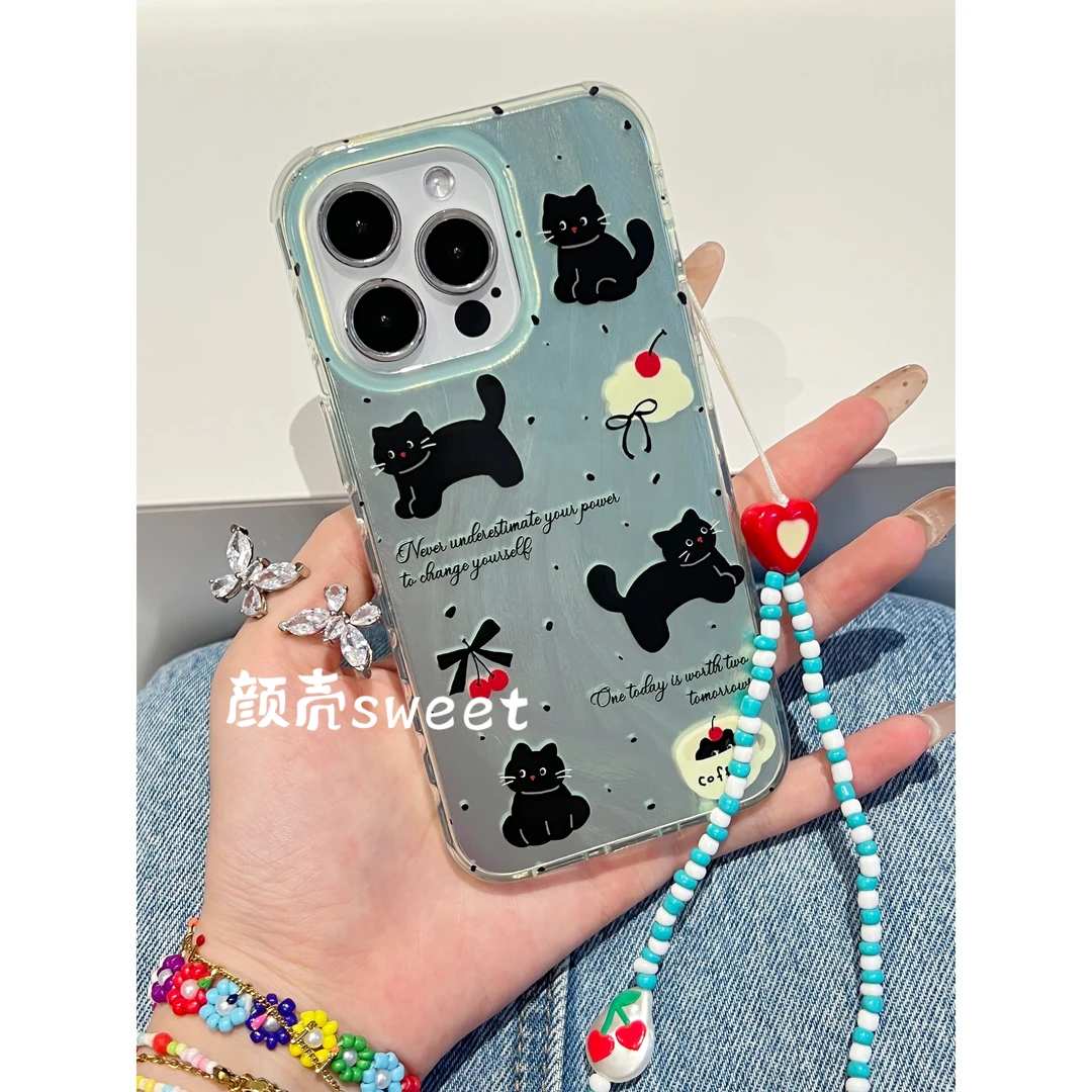 【苹果】ins薄荷绿羽纱樱桃黑猫咪双层印花手机壳iphone15pro/14/13