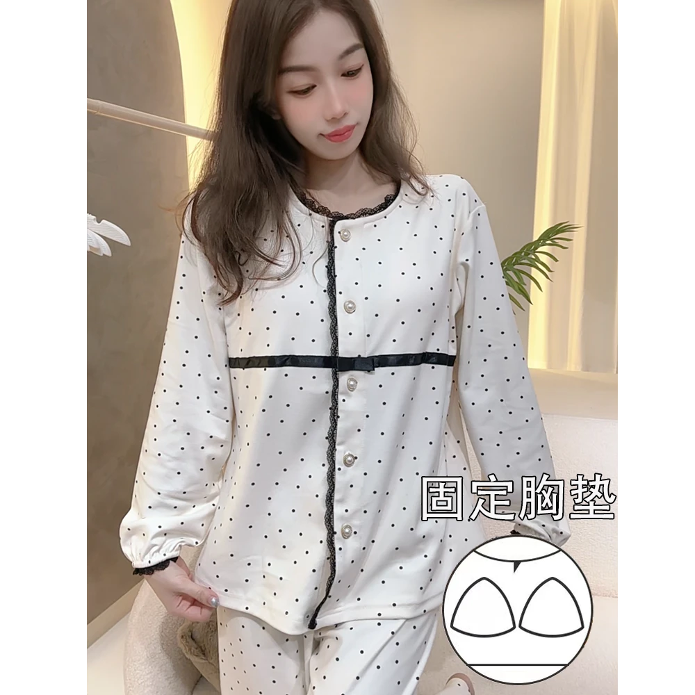 2024新款米色波点小香风德绒秋冬厚棉时尚轻奢女士家居服套装睡衣