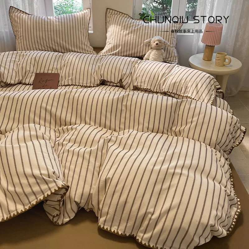 春秋故事加厚全棉磨毛贝壳边四件套卡通小清新床单被套家用卧室