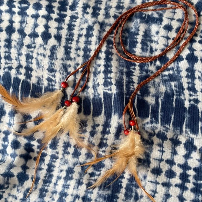 民族风编织腰带羽毛木珠麻花头饰两用腰带