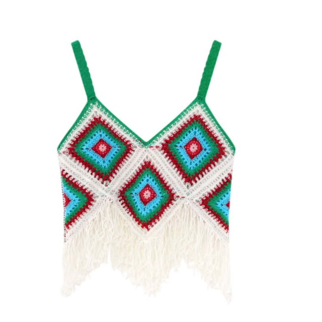 大码180斤「绿光森林吊带」民族风吊带度假流苏小背心镂空针织吊带