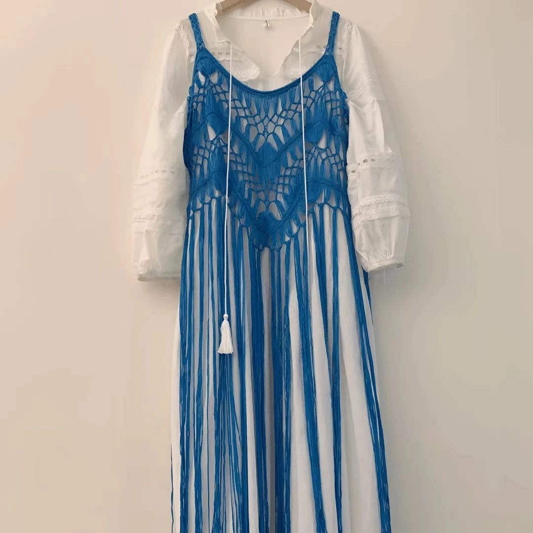 大码「冰岛游记」蓝色春夏海边度假波西米亚吊带流苏慵懒外搭