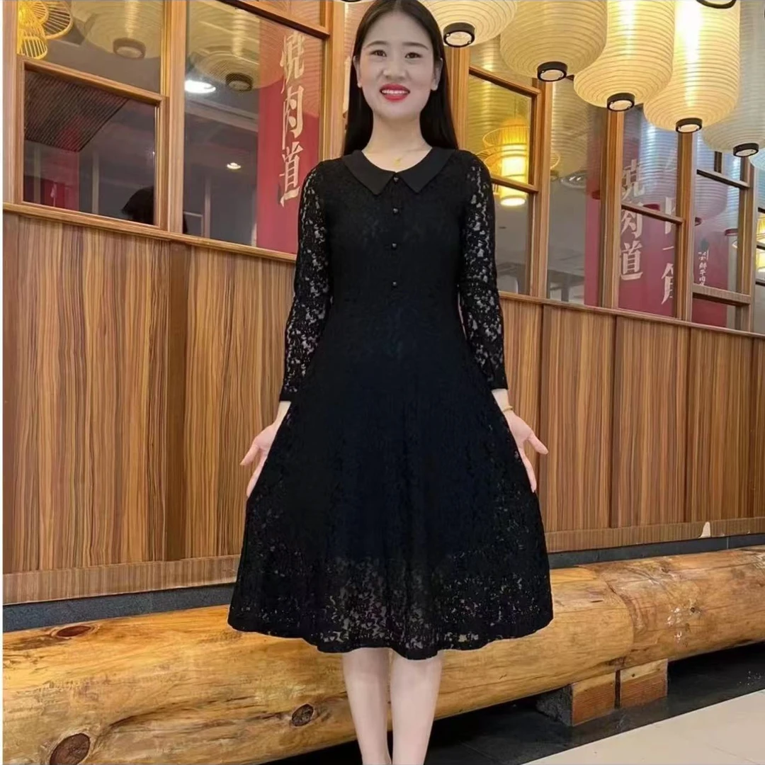 AK7百搭休闲时尚大码女装显瘦女装连衣裙气质蕾丝长袖打底黑色