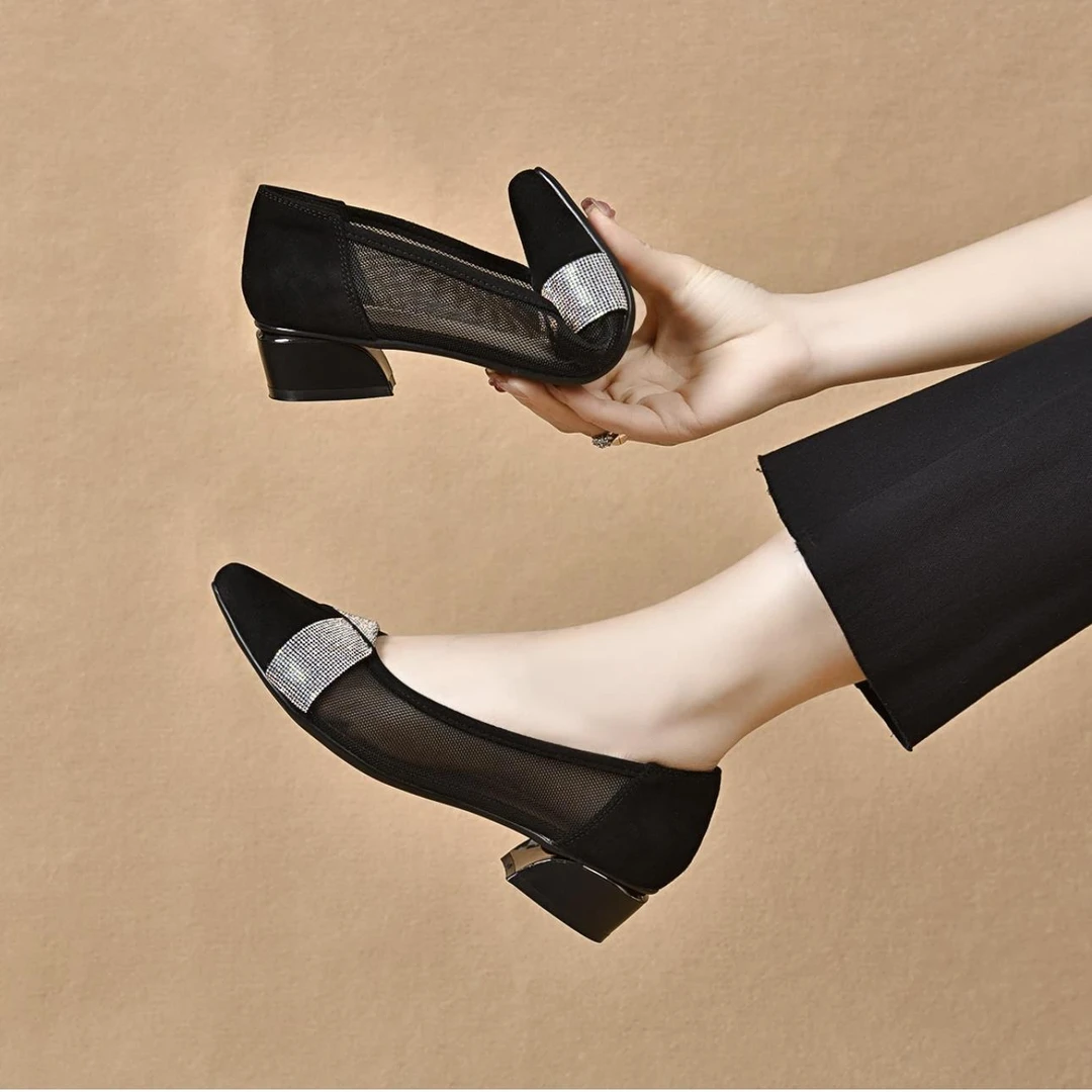 百丽荣华2024新款春夏季网纱单鞋女透气镂空女鞋夏款尖头浅口皮鞋