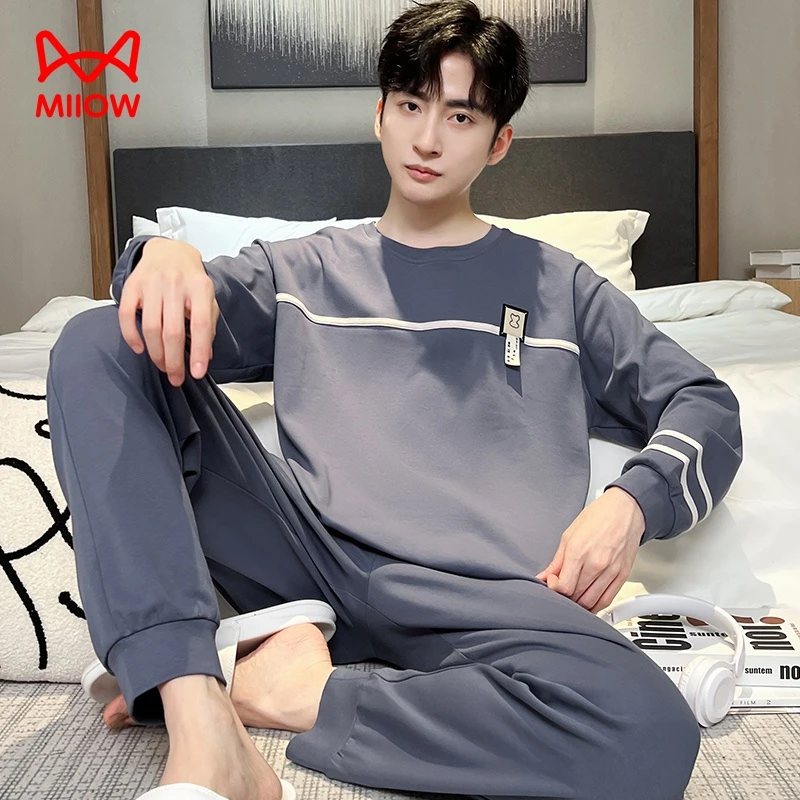 猫人男士睡衣纯棉圆领长袖宽松休闲大码青年全棉家居服套装春秋季