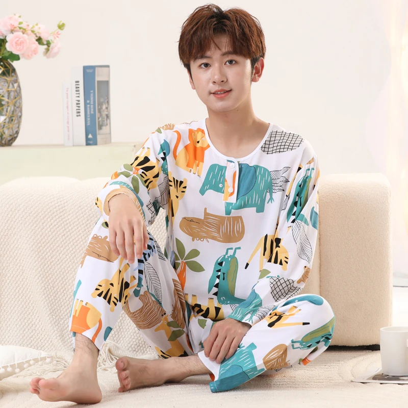 夏季青少年儿童棉绸睡衣男童空调家居服套装大童薄款绵绸男孩长袖