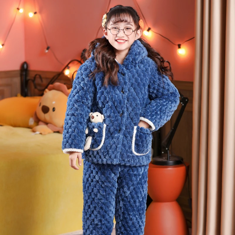女童冬季法兰绒睡衣连帽加厚款女孩珊瑚绒加绒夹棉家居服套装外穿