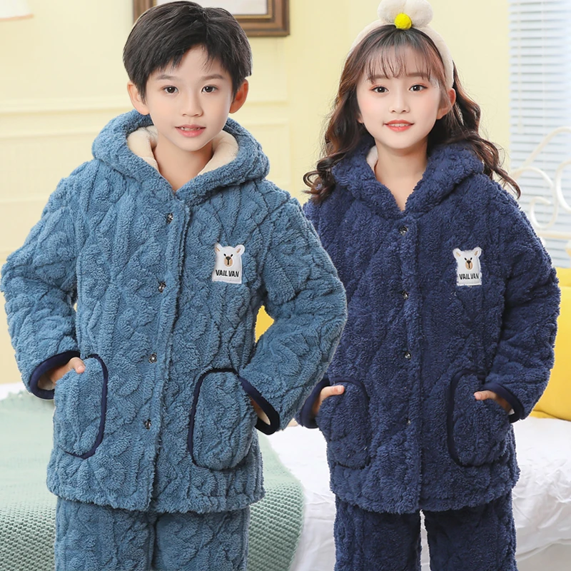冬季新款儿童睡衣男童女童夹棉大童宝宝加绒加厚冬款家居服套装