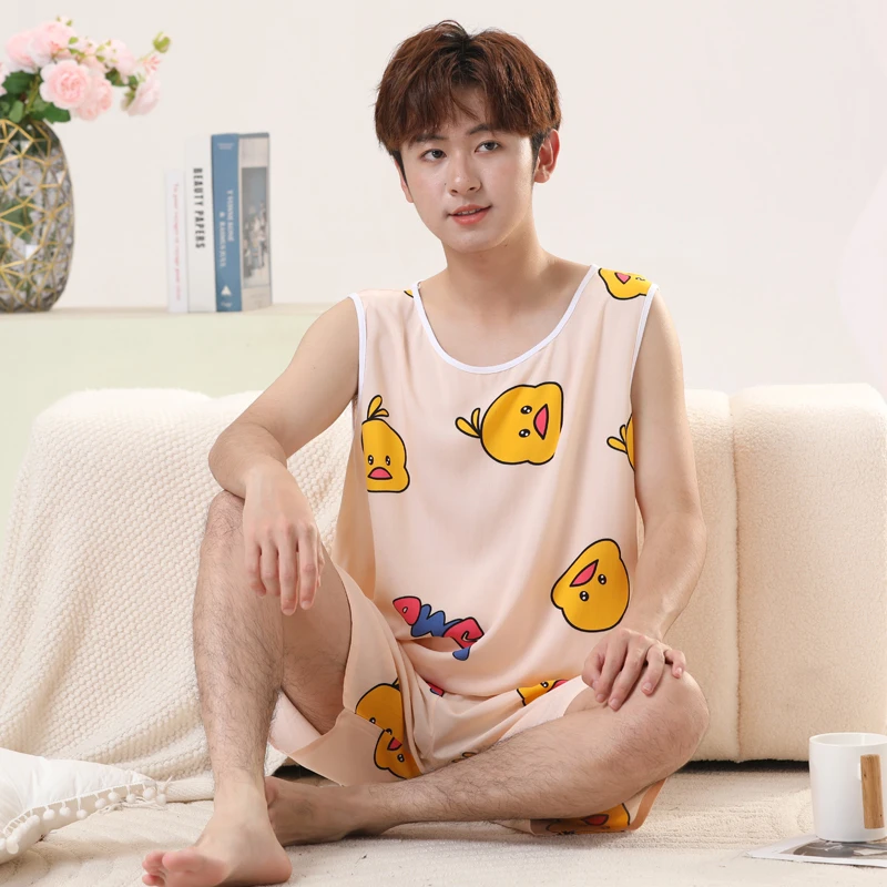 夏季青少年棉绸睡衣套装高初中生背心短裤学生人造棉薄款男家居服